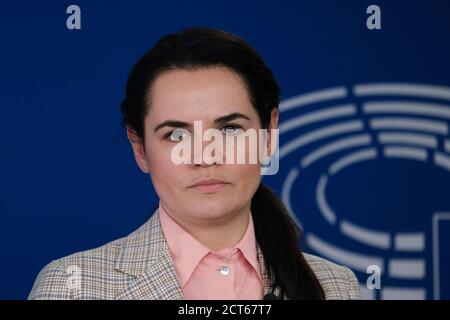 Bruxelles, Belgique. 21 septembre 2020. Le leader de l'opposition biélorusse Svetlana Tikhanovskaya et le président du Parlement européen David Sassoli assistent à une conférence de presse. Crédit: ALEXANDROS MICHAILIDIS/Alamy Live News Banque D'Images