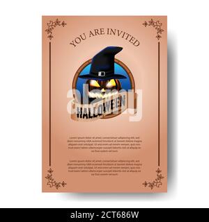 Invitation à l'affiche de fête d'Halloween avec illustration de l'emblème d'icône Jack o lanterne utiliser un chapeau assistant Illustration de Vecteur