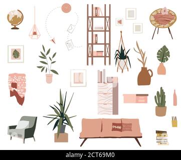 Intérieur élégant du salon Scandic - canapé, fauteuil, table basse, plantes en pots, lampe, décorations pour la maison. Doux assaisonnement d'automne. Appartement moderne et confortable Illustration de Vecteur