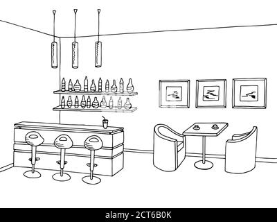 Cafe bar intérieur graphique art noir blanc esquisse illustration vecteur Illustration de Vecteur