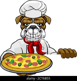 Panneau de mascotte du restaurant Bulldog Pizza Chef Cartoon Illustration de Vecteur