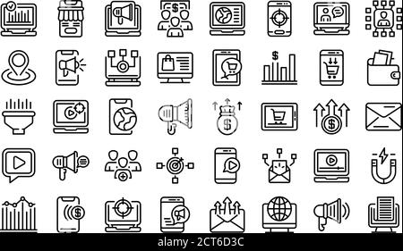 Jeu d'icônes de marketing en ligne, style de contour Illustration de Vecteur