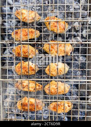 Délicieux poulet grillé sur le barbecue. Ailes de poulet sur le mangal dans la nature. Pique-nique. Gros plan. Banque D'Images