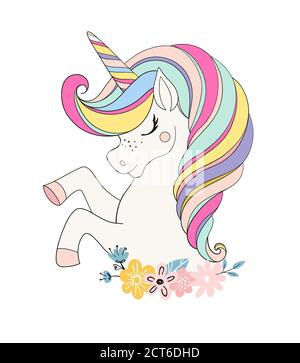 Tête de licorne avec fleur. Beau portrait d'un cheval magique pour le design, la carte postale, l'invitation, la fête des enfants. Illustration de vecteur de couleur coloré isolée sur fond blanc Illustration de Vecteur