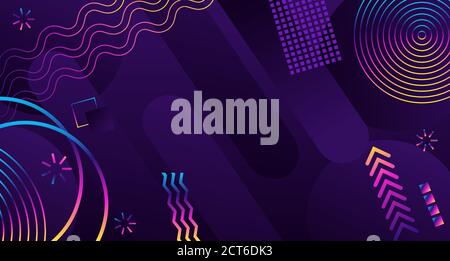 Arrière-plan abstrait dans un style futuriste moderne. Bannière aux formes géométriques chaotiques. Cercles et rayures arc-en-ciel sur fond sombre. Illustration de Vecteur