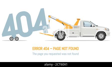 404 la page d'erreur n'a pas trouvé la conception avec un chariot de remorquage sur fond blanc. Bannière de page Web, illustration du vecteur de message de résultat de recherche. Illustration de Vecteur