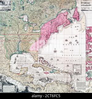 Une carte du début du XVIIIe siècle de l'Empire britannique en Amérique du Nord montrant également les colonies françaises, espagnoles et néerlandaises. Après une œuvre du cartographe britannique Henry Popple, ? - mort 1743. Banque D'Images