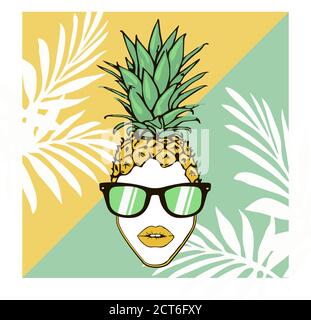 affiche lumineuse avec une photo de fruit dragon fruit et ananas en lunettes de soleil, profitez des affiches d'été dragon fruit et ananas en verre solaire Illustration de Vecteur