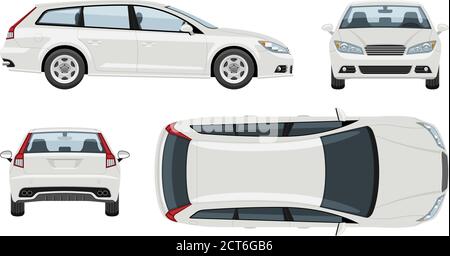 Modèle de vecteur de voiture de station blanche avec des couleurs simples sans dégradés ni effets. Vue latérale, avant, arrière et supérieure Illustration de Vecteur
