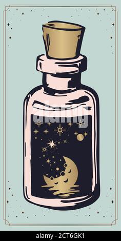 potions magiques de sorcière, lune et étoiles dans un pot, dessin mystique: les mains humaines tiennent la lune. Géométrie sacrée. Illustration de l'ector Imprimer, poker, t-shirt Illustration de Vecteur