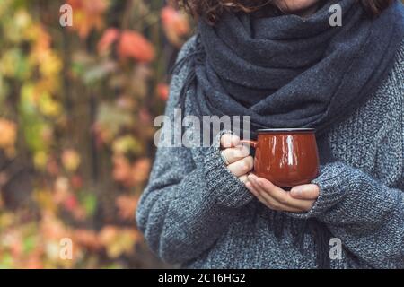 Tasse de café ou de thé dans les mains des femmes dans le parc d'automne. Automne (automne) ambiance, confortable, amour et romance concept. Copier l'espace Banque D'Images