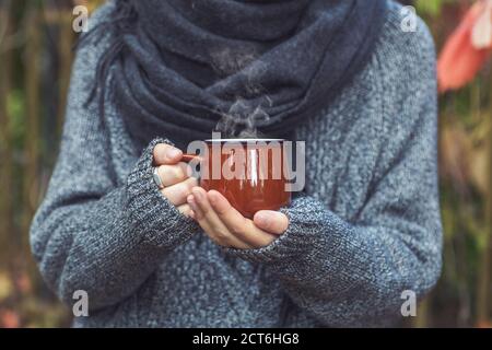 Tasse de café ou de thé dans les mains des femmes dans le parc d'automne. Automne (automne) ambiance, confortable, amour et romance concept. Copier l'espace Banque D'Images