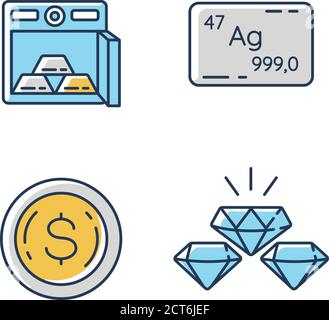 Jeu d'icônes de couleur RVB pierres précieuses en métaux précieux Illustration de Vecteur