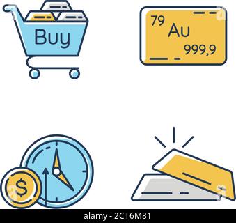 Métaux précieux commerce RVB jeu d'icônes de couleur Illustration de Vecteur