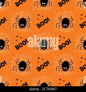 Adorable araignée noire de dessin animé avec regard coupable, toile d'araignée blanche et mot de cache sur fond orange. Motif Halloween sans coutures. Illustration du stock vectoriel. Illustration de Vecteur