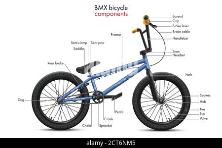 Composants de vélo étiquetés BMX. L'illustration technique Vector montre un schéma des pièces du vélo et de la structure des éléments tubulaires du cadre Illustration de Vecteur