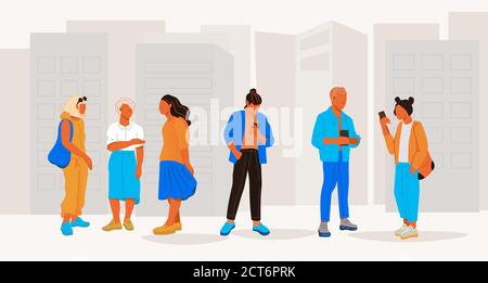 Jeunes gens branchés hommes et femmes personnages de dessins animés sur fond de paysage urbain. Illustration de Vecteur