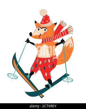 Noël et nouvel an hiver renard ski dessin animé personnage plat vecteur illustration isolée. Illustration de Vecteur