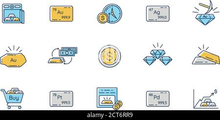 Métaux précieux et investissement jeu d'icônes de couleur RVB Illustration de Vecteur