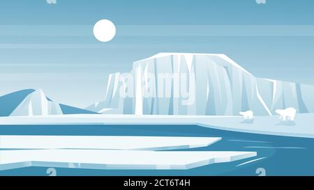 Illustration du vecteur paysage antarctique. Dessin animé givre nature paysage du Nord avec iceberg montagne de neige, la glace arctique et les collines de neige. Illustration de Vecteur