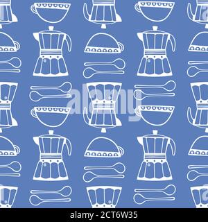 Motif espresso. Répétition vectorielle bleue et blanche sans couture Illustration de Vecteur