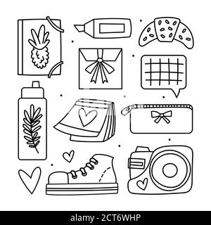 Retour à l'école gros clip art. articles de bureau, papeterie. Carnet, autocollant, croissant, chaussure, appareil photo, accessoire, appareil, décor. Motif coolé noir. Illustration de Vecteur