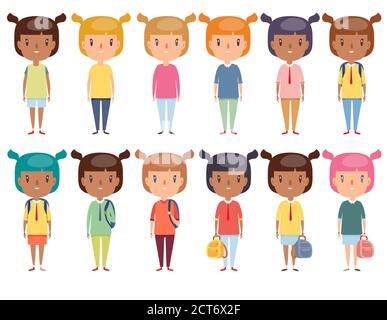 Collection de jolies petites filles avec coiffures multicolores. Portrait intégral. Illustration de Vecteur