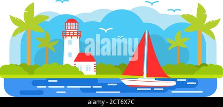 Bateau à voile. Tour du phare. Balise de navigation. Illustration de Vecteur