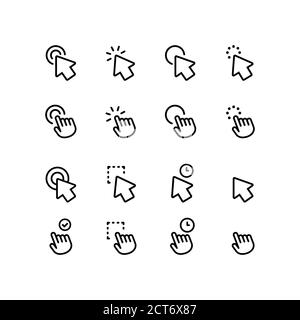 En attente, chargement de l'ensemble d'icônes. Cliquez sur l'icône. Pointage, mains, appui, flèches du curseur. Vecteur sur fond blanc isolé EPS 10 Illustration de Vecteur