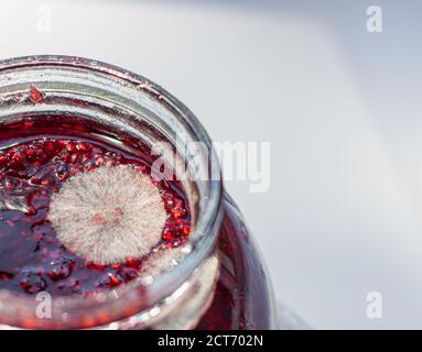 Moulez dans un pot de confiture de framboises. Dangereux pour la santé. Banque D'Images