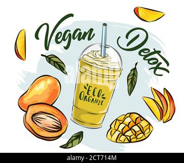 Ensemble d'illustrations vectorielles de boisson vitaminée avec bannière smoothie. Fruits naturels savoureux, verre avec couches colorées de smoothies cocktail isolé sur le dos blanc Illustration de Vecteur