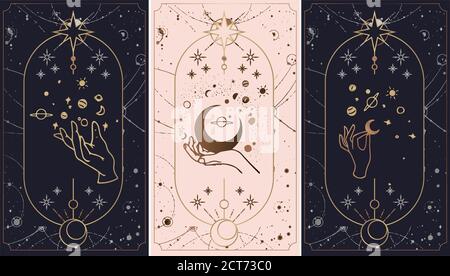 étoiles cosmos créées par les mains de Dieu, carte de Tarot d'or dorée et rose avec du noir. Ensemble de cartes de tarot occultes magiques. Illustration du vecteur de gravure. Illustration de Vecteur