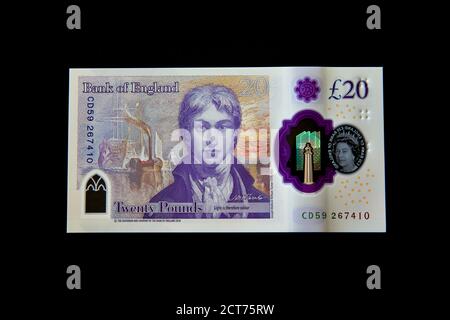 Le polymère de 2020 £ 20 livre note de la Banque de Angleterre avec l'artiste JMW Turner sur fond noir Banque D'Images