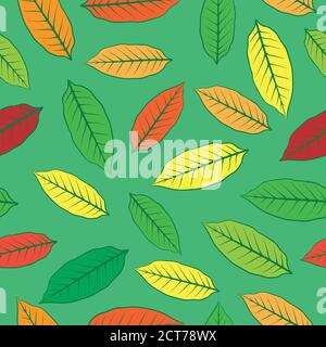 Motif de feuilles sans couture dans différentes couleurs. Arrière-plan vert. Illustration vectorielle. Illustration de Vecteur