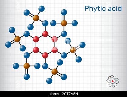 Acide phytique, acide fytique, phytate, phytine, molécule de myo-inositol hexakisphosphate. Il joue le rôle de chélateur du fer, d'agent antinéoplasique, de cofacteur. Feuille Illustration de Vecteur