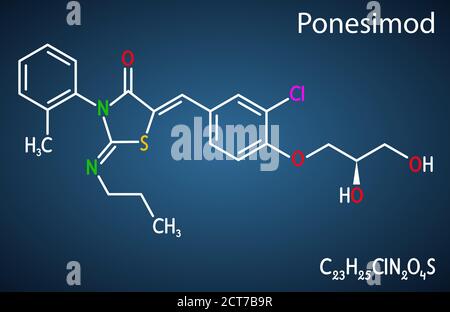 Ponesimod, molécule anti-inflammatoire expérimentale. Traitement de la sclérose en plaques et du psoriasis. Formule chimique structurelle sur le bleu foncé Illustration de Vecteur