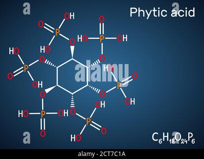 Acide phytique, acide fytique, phytate, phytine, molécule de myo-inositol hexakisphosphate. Il joue le rôle de chélateur du fer, d'agent antinéoplasique, de cofacteur. Sombre Illustration de Vecteur