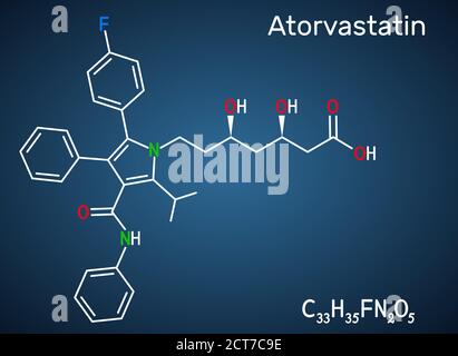 Atorvastatine, molécule de statine. Il est utilisé pour abaisser le cholestérol sanguin et pour prévenir les maladies cardiovasculaires. Formule chimique structurelle sur le Illustration de Vecteur