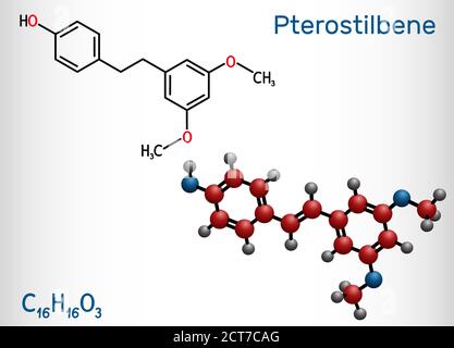 Pterostilbene, molécule de stilbenoïde. Il joue un rôle de métabolite, d'antioxydant, d'agent antinéoplasique, de neurotransmetteur. Formule chimique structurelle et Illustration de Vecteur