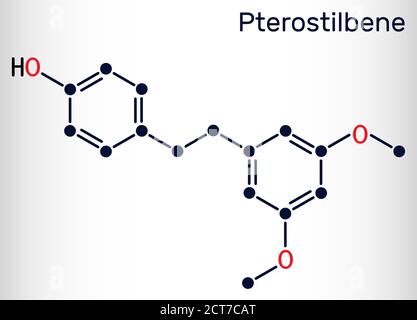 Pterostilbene, molécule de stilbenoïde. Il joue un rôle de métabolite, d'antioxydant, d'agent antinéoplasique, de neurotransmetteur. Formule chimique du squelette. VVecto Illustration de Vecteur