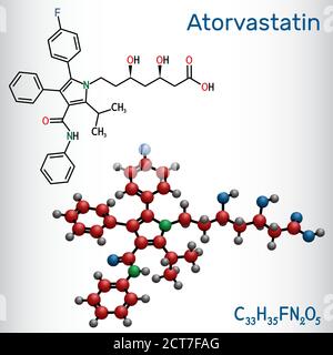 Atorvastatine, molécule de statine. Il est utilisé pour abaisser le cholestérol sanguin et pour prévenir les maladies cardiovasculaires. Formule chimique structurelle et m Illustration de Vecteur