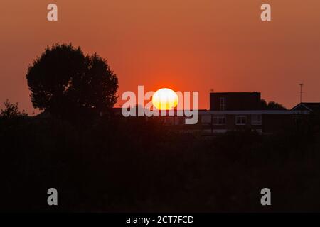 Londres, Royaume-Uni. 21 septembre 2020. Météo au Royaume-Uni : coucher de soleil depuis les champs de Northala à Northolt, dans le nord-ouest de Londres, le dernier soir avant l'équinoxe automnal de demain qui marque la fin de l'été et le début de l'automne. Credit: Stephen Chung / Alamy Live News Banque D'Images