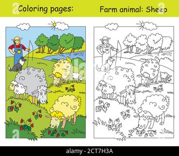 Coloriage de pages avec de mignons moutons qui se meut sur la prairie et berger avec son chien. Illustration vectorielle de dessin animé. Couleur et image colorée de mouton. Stock i Illustration de Vecteur