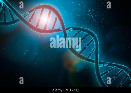 Brins d'ADN à double hélice sur fond bleu illustration du rendu 3D avec espace de copie. Sciences, médecine, microbiologie, concepts génétiques. Banque D'Images