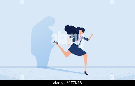 Vecteur d'une femme qui s'éloigne de sa triste ombre de graisse sombre sur le mur. Concept de contrôle de la santé mentale et du poids corporel Illustration de Vecteur