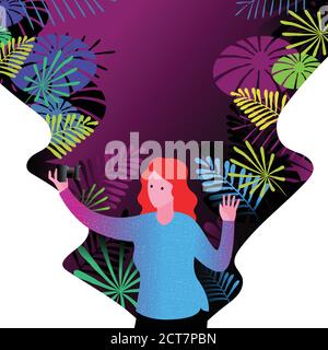 Femme prenant le selfie à l'aide d'un appareil photo numérique devant une végétation colorée. Illustration du vecteur tropical. Illustration de Vecteur