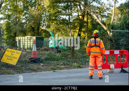 Harefield, Middlesex, Royaume-Uni. 21 septembre 2020. Un agent de sécurité HS2 en service en dehors de la réserve naturelle. Aujourd'hui, de nombreux arbres matures ont été abattus par des entrepreneurs de HS2 à côté de la Réserve naturelle de Broadwater, un site d'intérêt scientifique spécial (SSSI). Les travaux de construction de liaisons ferroviaires à grande vitesse controversés et à budget dépassé ont maintenant officiellement commencé et l'impact négatif se fait sentir dans de nombreuses zones rurales le long de la ligne de la liaison ferroviaire de Londres à Birmingham. 693 sites fauniques, 108 anciennes terres boisées et 33 ISSS sont menacés par le HS2. Crédit : Maureen McLean/Alay Live News Banque D'Images