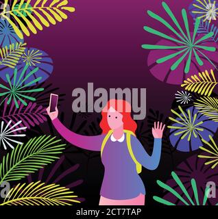 Femme prenant le selfie à l'aide d'un smartphone devant une végétation colorée. Illustration du vecteur tropical. Illustration de Vecteur