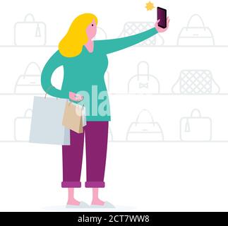 Femme prenant le selfie devant le magasin à l'aide d'un smartphone. Illustration du vecteur de style de vie. Illustration de Vecteur