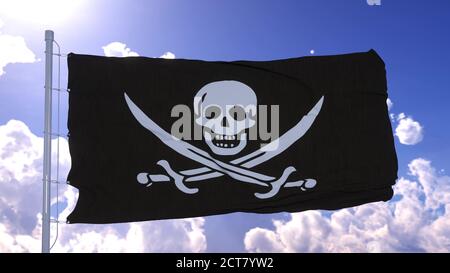 Drapeau Pirate réaliste agitant dans le vent contre le ciel bleu. rendu 3d Banque D'Images